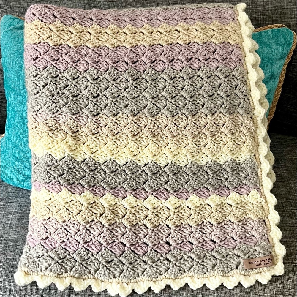 Handmade Crocheted Throw Blanket with Scalloped Edges